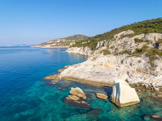 Drone photograph in the field of sail rocks in Foca district of Izmir province. Yelkenkaya - Foca