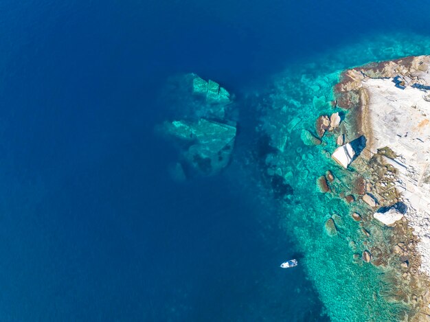 Drone photograph in the field of sail rocks in Foca district of Izmir province. Yelkenkaya - Foca