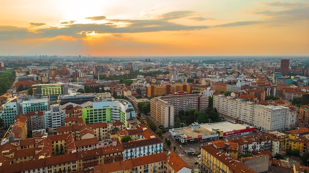 Drone photography of Milan city at sunset Lombardy Italy