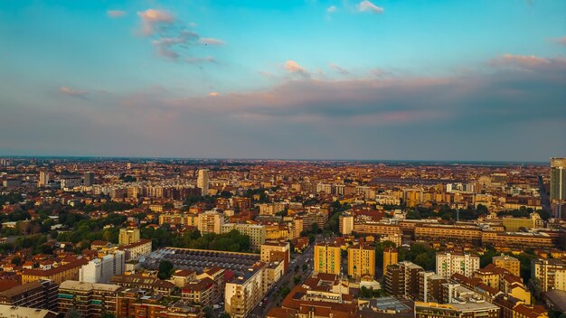 Drone photography of Milan city at sunset Lombardy Italy