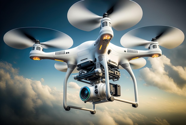 Drone quad copter flying in the skies with a high quality digital camera