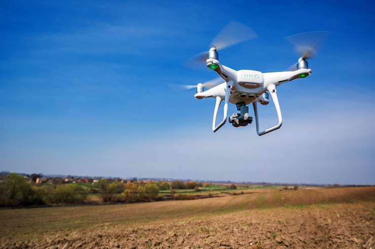 Фотография drone quad copter на зеленом кукурузном поле