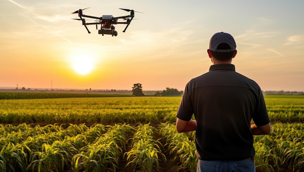 Drone quadcopter flying over the corn field at sunset