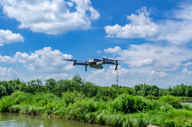 Drone quadcopter shoots video on nature