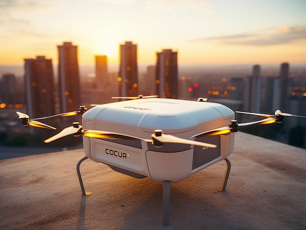 Drone quadcopter with digital camera flying over city at sunset