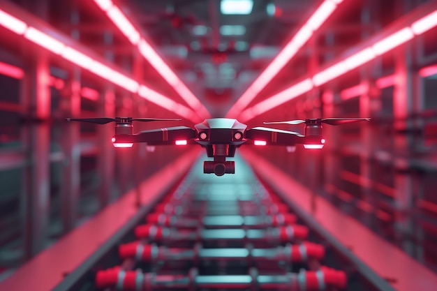 Drone quadcopter with digital camera flying over a conveyer belt