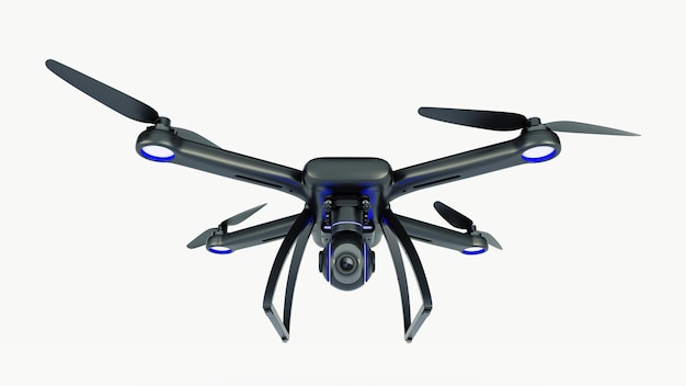 беспилотник, квадрокоптер, с фотокамерой, летящей в голубом небе. 3d визуализация
