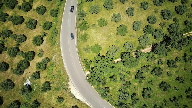 道路とオリーブ畑の上空のドローン