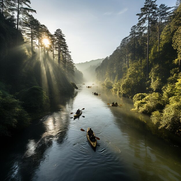 A drone's eye view of kayakers exploring a remote river