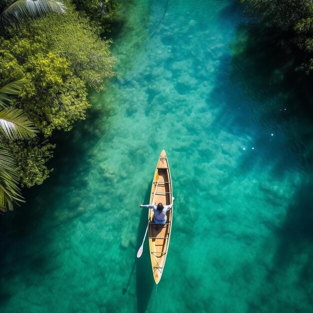 drone s eye view unrecognizable woman canoeing in a tropical exotic destination aerial perspective