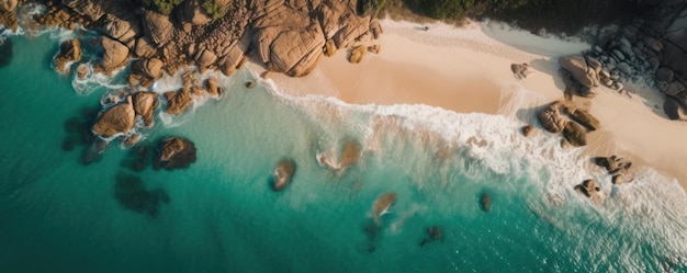 Drone's eye view van een strand en de oceaan legt de vredigheid vast