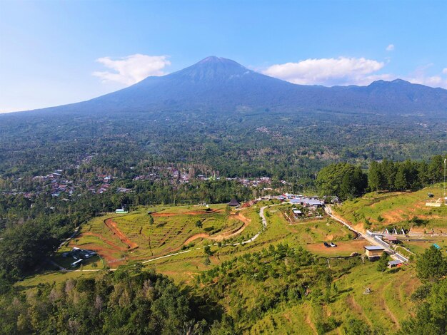 Drone shot of beautiful aerial view of mountains in bandung west java - indonesia      aerial shot