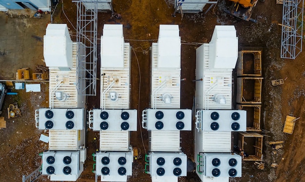 Drone shot of big factory construction Aerial big tanks technology