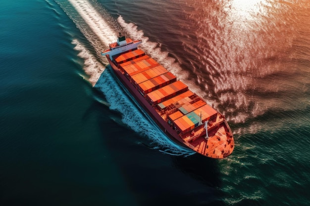 Дронный снимок грузового корабля, плавающего в море, созданный с помощью генеративного искусственного интеллекта