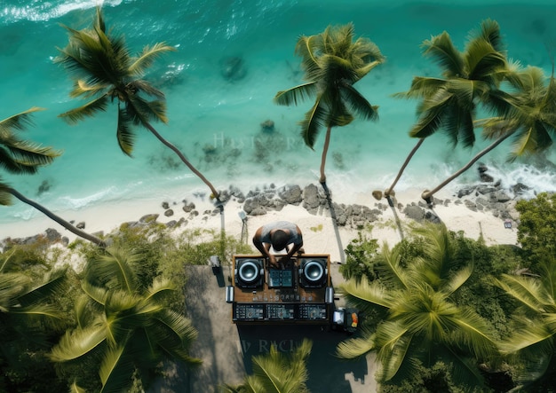 A drone shot of a DJ performing on a beach with crystal clear turquoise water and palm trees in