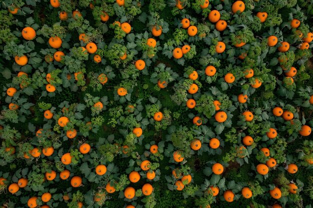 A drone shot of a field of pumpkins The orange pumpkins stand out against the green leaves