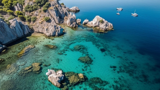 Drone shot of a Greek island scenery taken from the air GENERATE AI