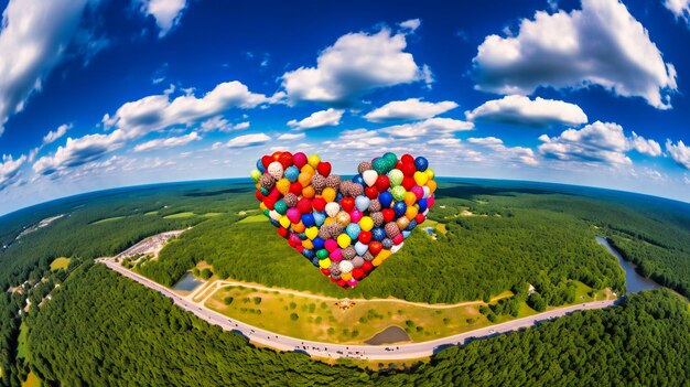 Foto colpo di drone di arrangiamento di palloncini a forma di cuore nel cielo ricco di colori e vignetta