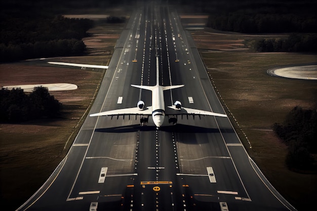 Foto colpo di un drone di una pista di un aeroporto moderno con un grande aereo passeggeri