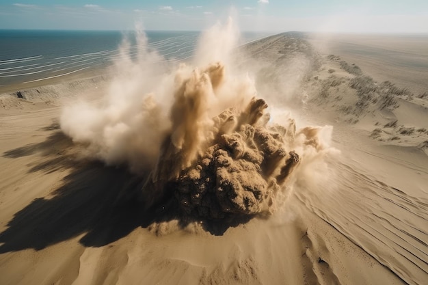 Drone shot of sand explosion with the dramatic force and power of the blast captured in aerial view