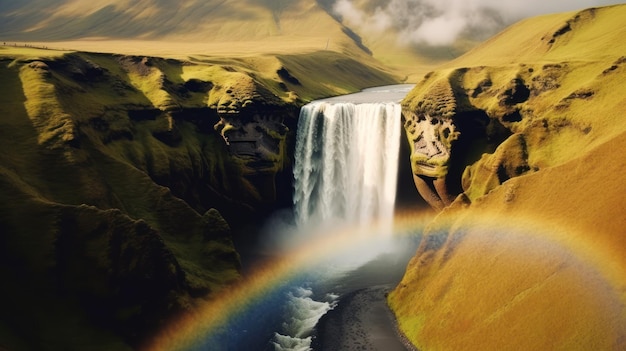 Drone shot of skgafoss waterfall forming beautiful rainbow icelandic landscape with nordic nature Spectacular scandinavian cascade flowing down off of cliffs panoramic view