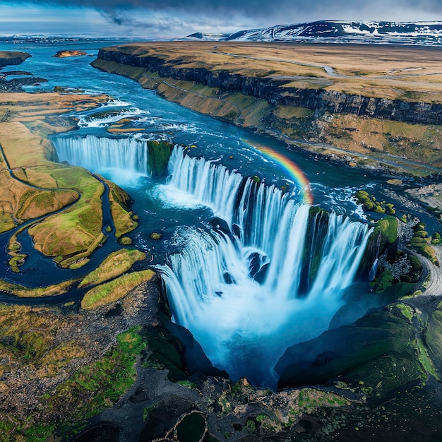 Drone shot of Skoacutegafoss waterfall Iceland