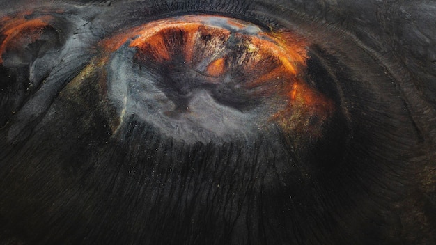 Drone shot of the volcanic crater at Landmannalaugar in the Fjallabak Nature Reserve, the Highlands of Iceland