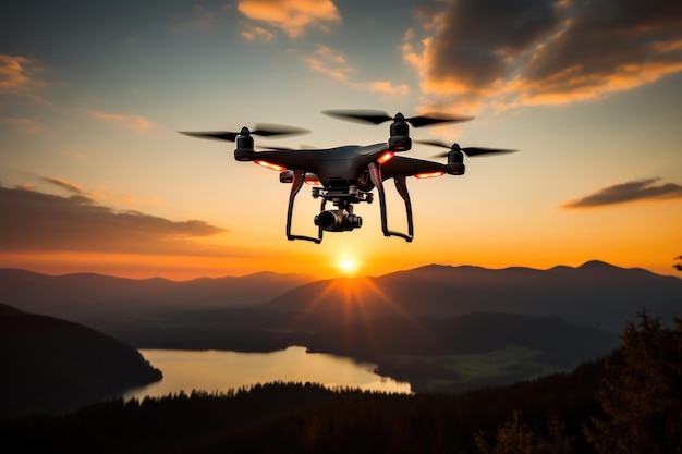 Foto drone nel cielo con l'ora del tramonto