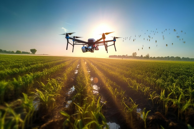 ジェネレーティブ AI を使用して、青い空を背景に農業環境で作物にドローンを散布する
