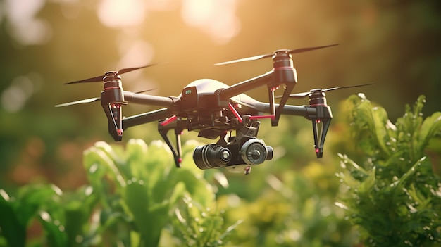 Drone spraying fertilizer on vegetable green plants Futuristic technologies of the future Generative AI