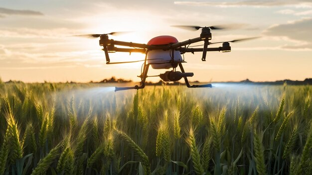 Drone spraying pesticide on wheat field