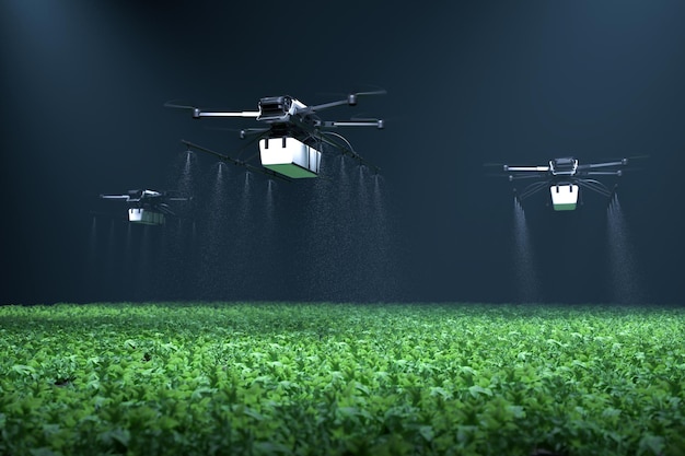 Drone sproeit kunstmest op plantaardige groene planten Landbouwtechnologie Boerderijautomatisering