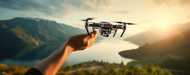 Drone-technologie landt in menselijke hand in natuurpanorama Generatieve Ai
