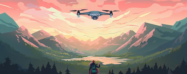 Drone technology landing in human hand in nature panorama Generative Ai