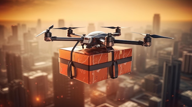 Drone transportation delivers boxes in the city