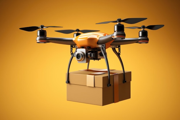 Drone transportation delivery hang a box on yellow background