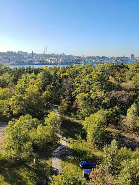 Drone-uitzicht op een groen park met veel bomen en een stad in de verte met een rivier