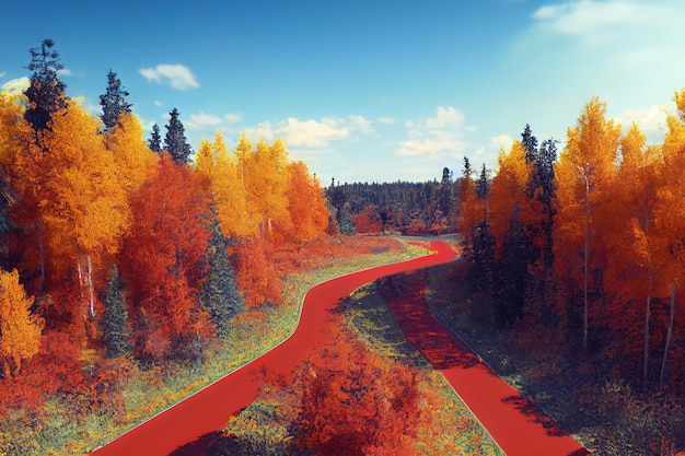 Drone uitzicht op landelijke weg in geel en oranje herfstbos met blauw meer in Finland. 3D-weergave.