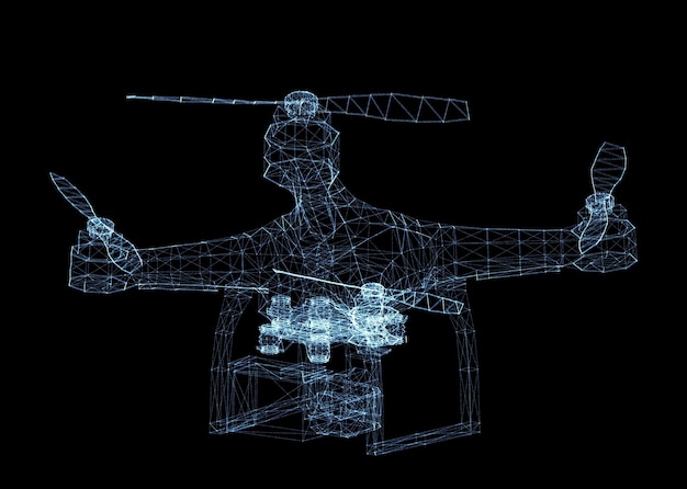 Drone van lichtgevende lijnen en punten. 3d illustratie op een zwarte achtergrond