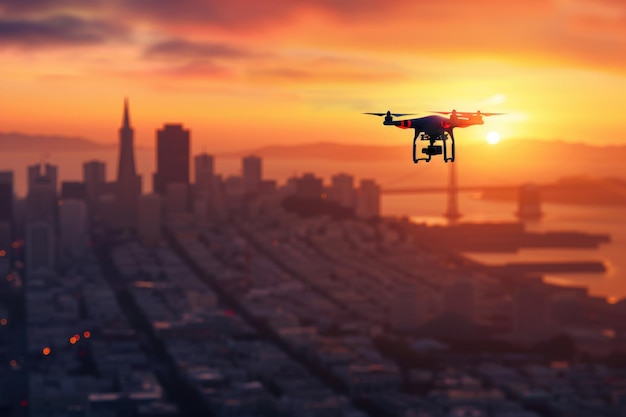 Drone vangt het silhouet van de stad San Francisco bij zonsondergang