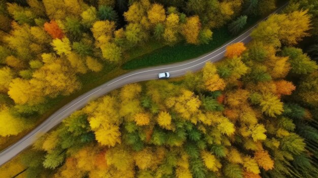 Drone view autumn forest road Illustration AI GenerativexA