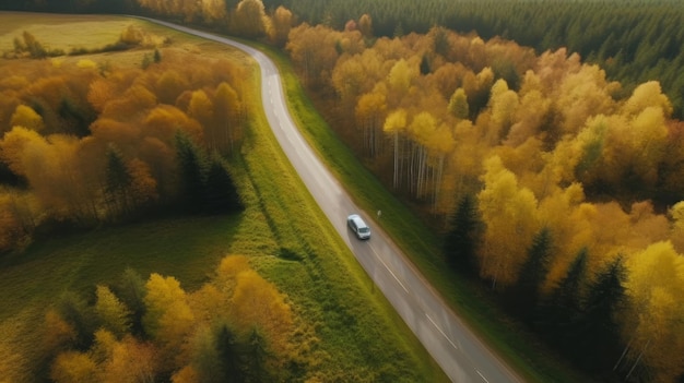 Drone view autumn forest road Illustration AI GenerativexA