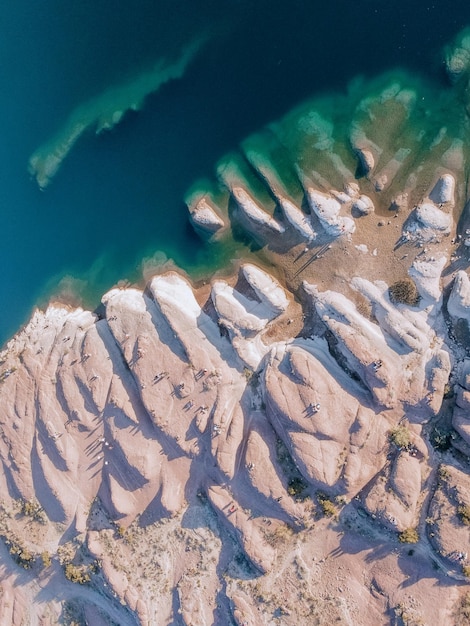 Drone view of Blue lake with mountains