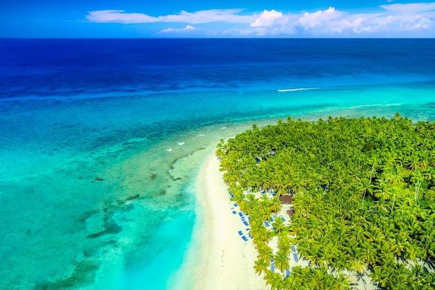 카리브해 열 대 섬 해변의 무인 항공기보기