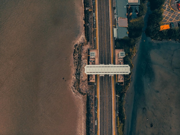 drone view of city by sea