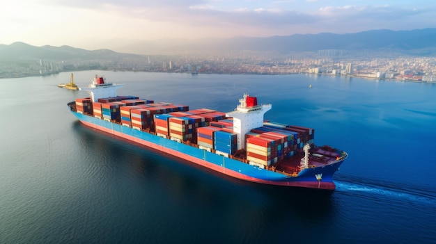 Drone view container freight vessel in open sea maritime shipping AI generative