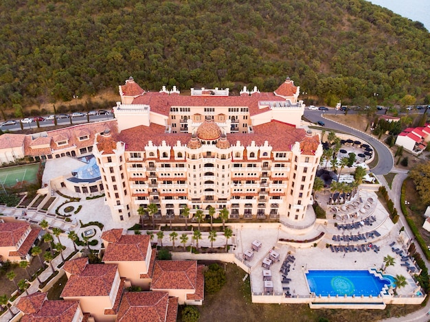 Drone view of Elenite resort complex Bulgaria Modern hotels