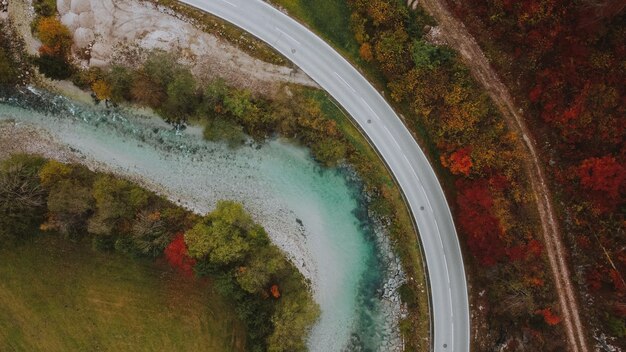Photo drone view of empty narrow road near transparent river between colorful vegetation in fall countrysi