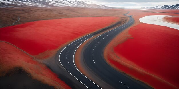 アイスランド道路の赤い車のドローンビュー