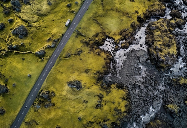 Drone View Above Icelandic Road surrounded